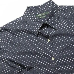 Lauren Ralph Lauren Button-Up Women L Polka Dot Non-Iron Preppy Navy White L/S